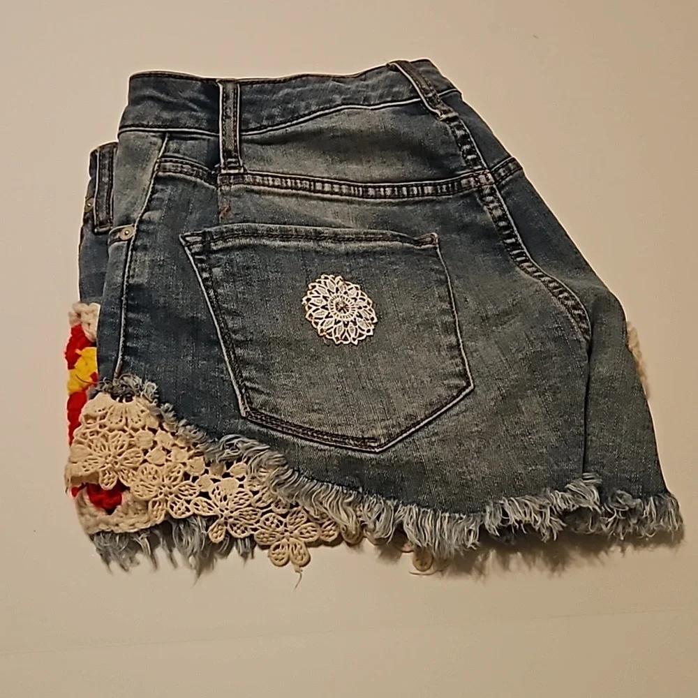 Hand Crafted Upcycled Denim Crochet Shorts Granny Square Handmade High rise 29 - Picture 17 of 17